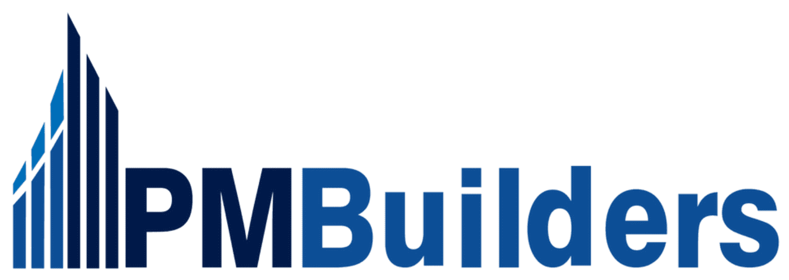 Logo of pmb builders featuring a stylized skyscraper graphic next to the text "pmbuilders" in dark blue, set against a transparent background.